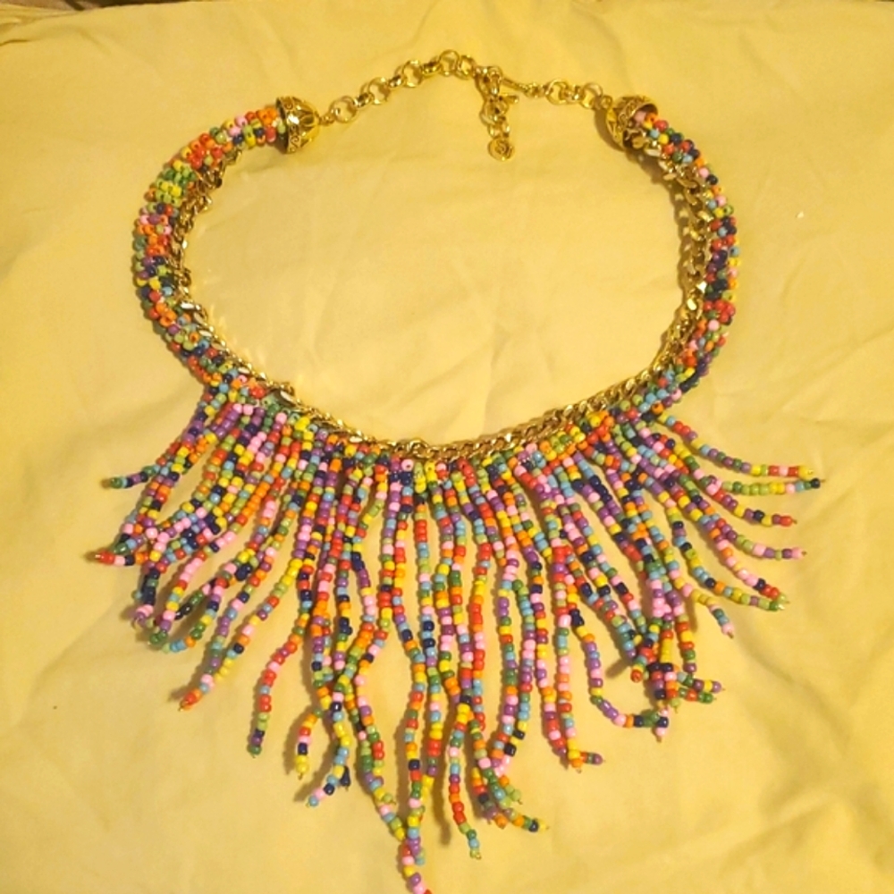 Sassy Jones Multicolored Goldtone Statement Necklace with Fringe Design